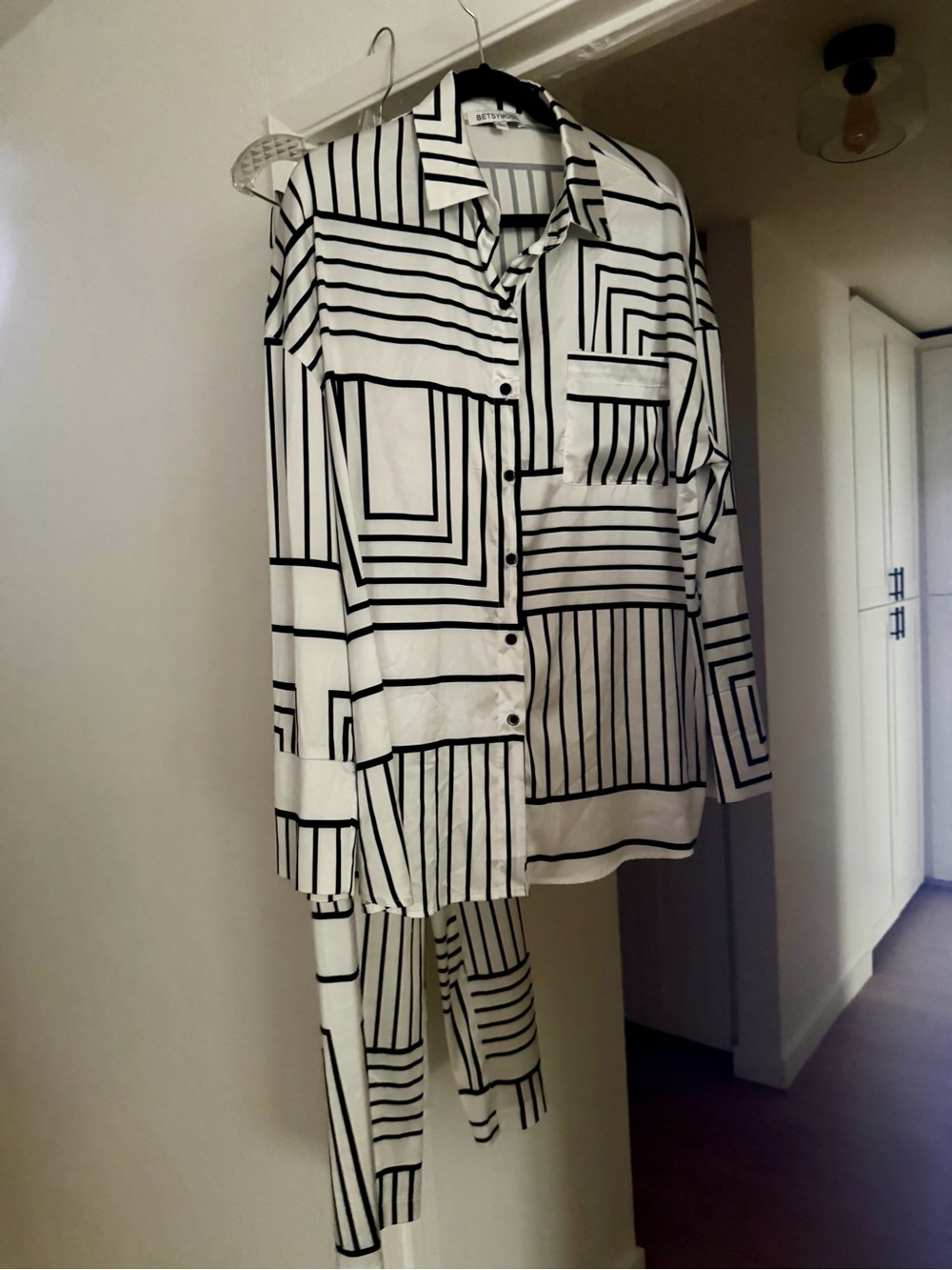 Betsy Moss White and Black Geometric Stripe Button-Up Shirt & matching pants